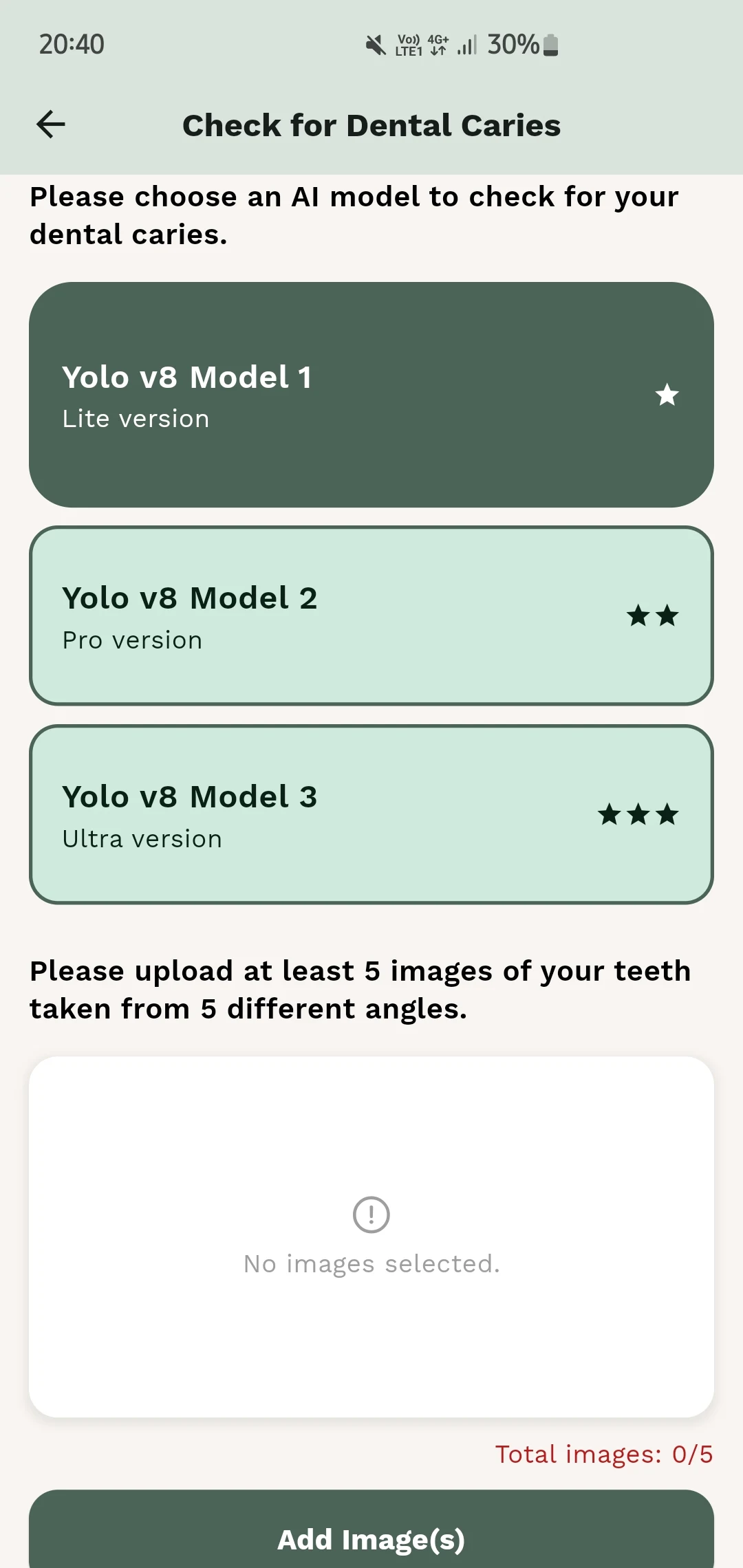 Model selection screen listing YOLOv8 Model 1 lite, Model 2 pro and Model 3 ultra, with a request for at least five photos from five angles.
