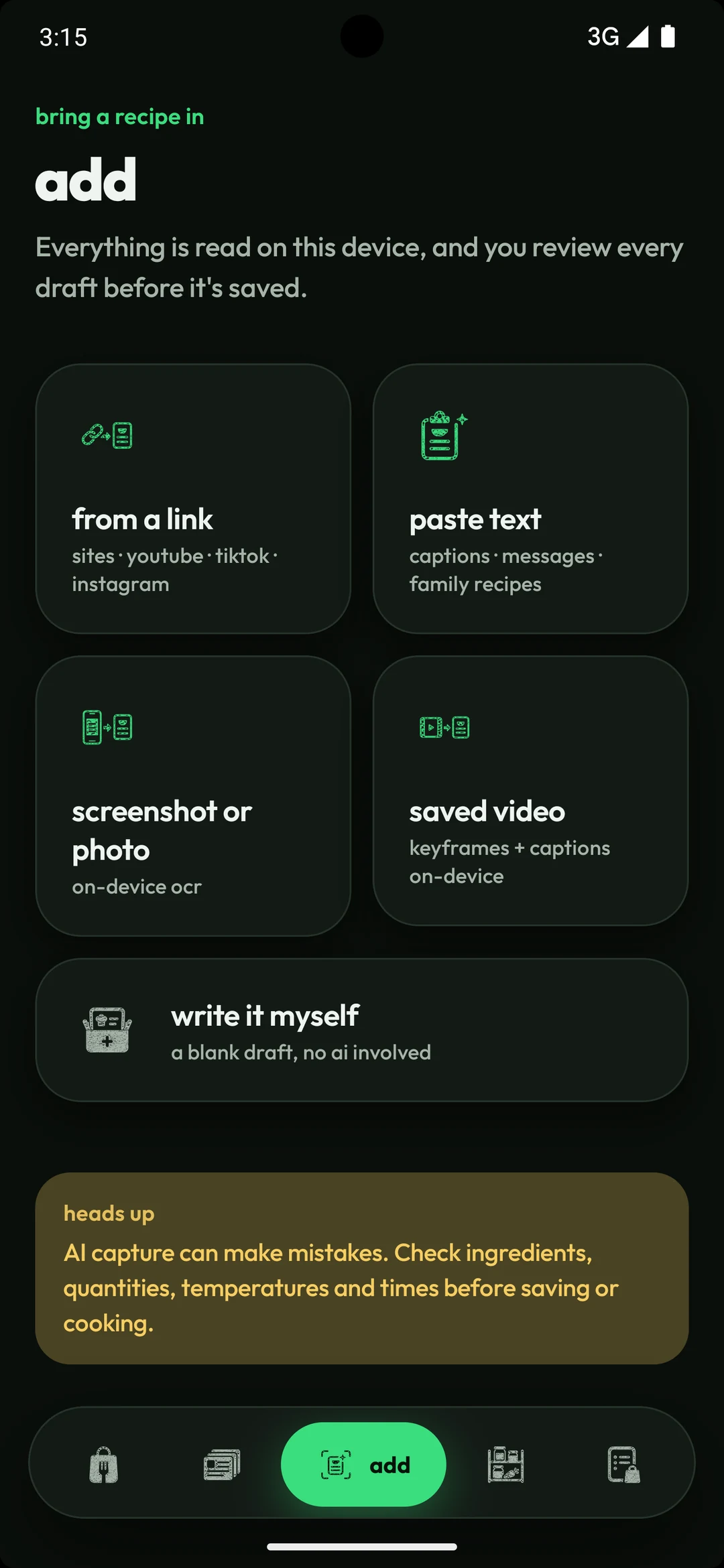 Add screen with five capture routes: from a link, paste text, screenshot or photo, saved video, write it myself.
